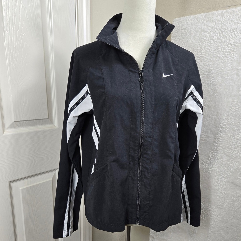 Nike Women's Size M  Black Full Zip Track Jacket‎ White Stripe Detail Athleisure